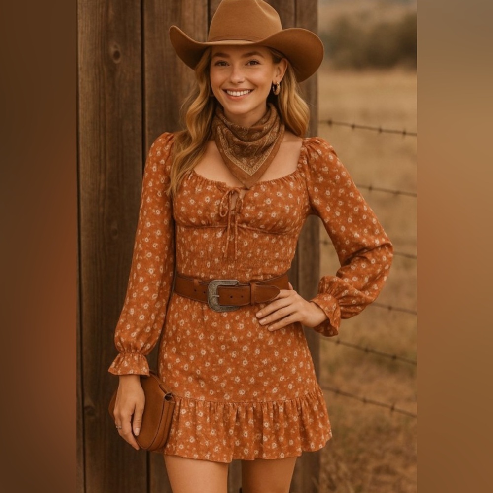 Floral Brown Long Sleeve Dress